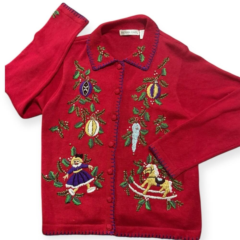 Vtg Victoria Jones Christmas Cardigan Sweater Womens M Embroidered Ornaments Toy